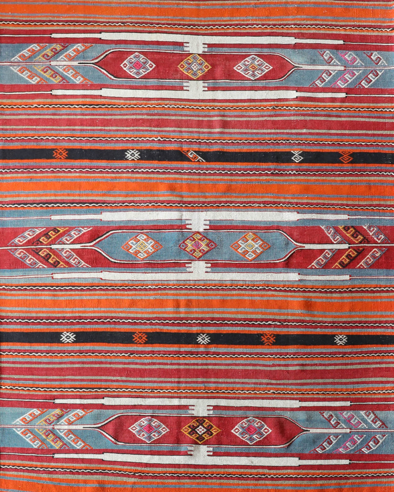 Vintage kilim rug in room decor setting, old rug, antique rug, pastel colors, faded colors, Turkish rug, vintage rug, soft rug, Portland, Oregon, rug store, rug shop, local shop, bold colors, bright colors,