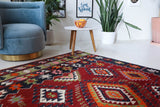 Vintage kilim rug in living room setting, bright colors, wild shaman, soft rug, bold color, Portland, Oregon, rug store, rug shop, local shop, vintage rug, modern kilim, warm colors