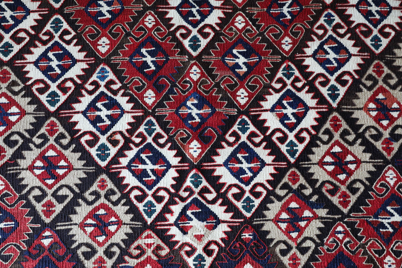 Vintage kilim rug in living room setting, bright colors, wild shaman, soft rug, bold color, Portland, Oregon, rug store, rug shop, local shop, vintage rug, modern kilim, warm colors