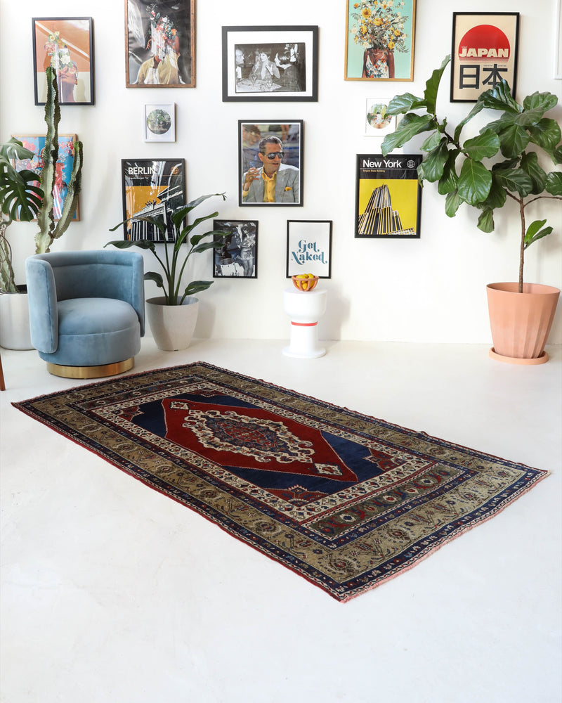 Antique Turkish rug in a living room setting, pile rug, Turkish rug, vintage rug, portland, rug shop, bright colors, wild shaman, soft rug, bold color, Portland, Oregon, rug store, rug shop, local shop, antique rug