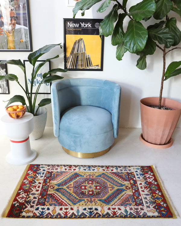 Vintage Turkish rug in a living room setting, pile rug, Turkish rug, vintage rug, portland, rug shop, bright colors, wild shaman, soft rug, bold color, Portland, Oregon, rug store, rug shop, local shop, antique rug