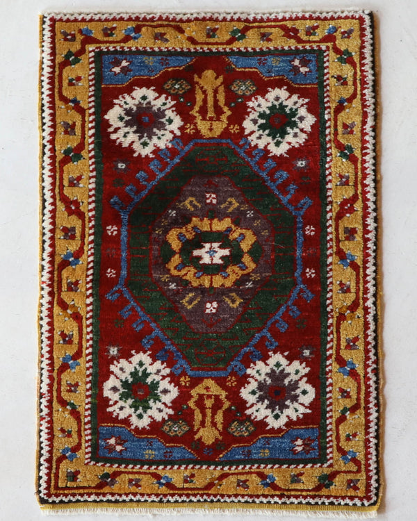 Vintage Turkish rug in a living room setting, pile rug, Turkish rug, vintage rug, portland, rug shop, bright colors, wild shaman, soft rug, bold color, Portland, Oregon, rug store, rug shop, local shop, antique rug