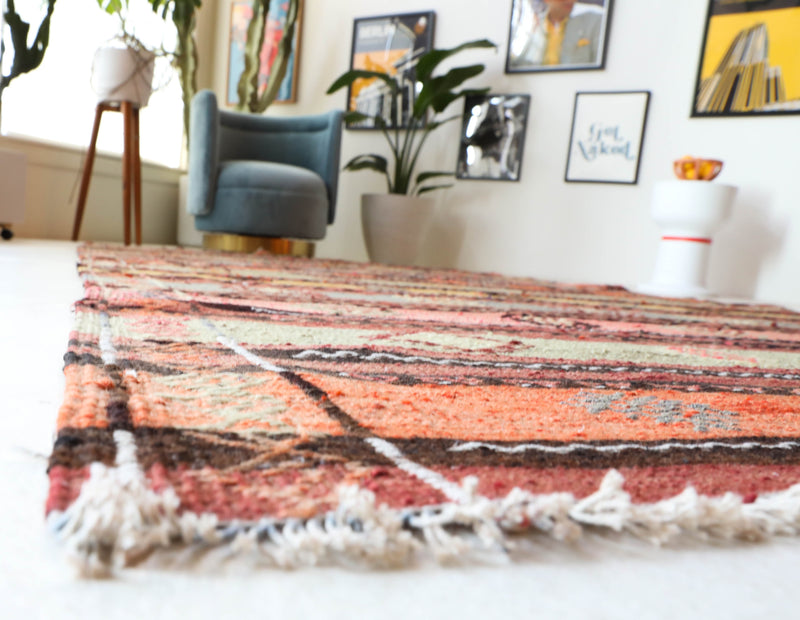  Vintage kilim rug in room decor setting, old rug, antique rug, pastel colors, faded colors, Turkish rug, vintage rug, soft rug, Portland, Oregon, rug store, rug shop, local shop, bold colors, bright colors, faded colors