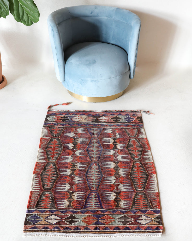 Vintage kilim rug in living room setting, bright colors, wild shaman, soft rug, bold color, Portland, Oregon, rug store, rug shop, local shop, vintage rug, modern kilim, warm colors