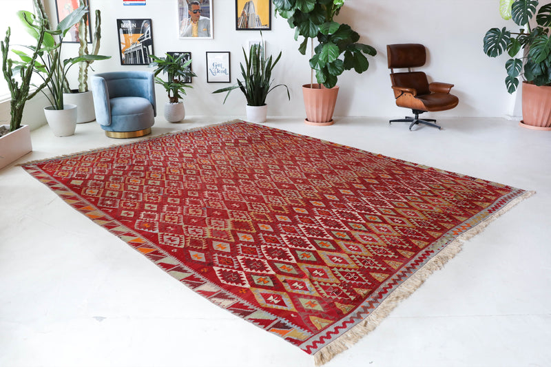  Vintage kilim rug in living room setting, bright colors, wild shaman, soft rug, bold color, Portland, Oregon, rug store, rug shop, local shop, vintage rug, modern kilim, warm colors