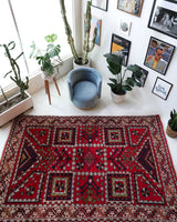 Vintage Turkish rug in a living room setting, pile rug, Turkish rug, vintage rug, portland, rug shop, bright colors, wild shaman, soft rug, bold color, Portland, Oregon, rug store, rug shop, local shop, antique rug