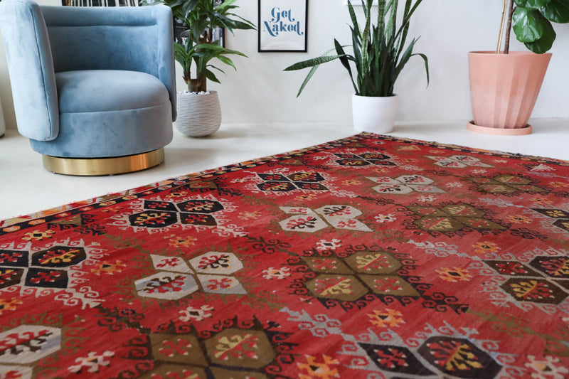 Vintage kilim rug in living room setting, bright colors, wild shaman, soft rug, bold color, Portland, Oregon, rug store, rug shop, local shop, vintage rug, modern kilim, warm colors