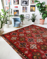 Vintage kilim rug in living room setting, bright colors, wild shaman, soft rug, bold color, Portland, Oregon, rug store, rug shop, local shop, vintage rug, modern kilim, warm colors