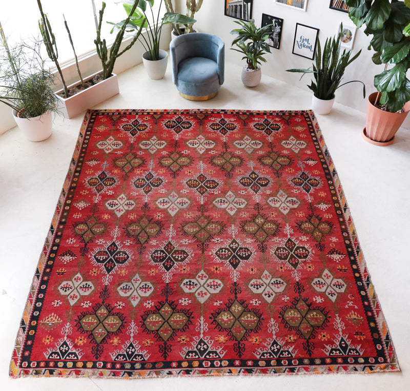 Vintage kilim rug in living room setting, bright colors, wild shaman, soft rug, bold color, Portland, Oregon, rug store, rug shop, local shop, vintage rug, modern kilim, warm colors