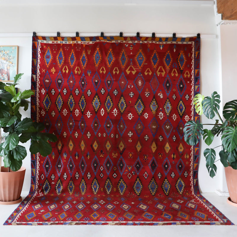 Vintage kilim rug in living room setting, bright colors, wild shaman, soft rug, bold color, Portland, Oregon, rug store, rug shop, local shop, vintage rug, modern kilim, warm colors