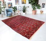 Antique Turkmen rug in a living room setting, pile rug, Turkish rug, vintage rug, portland, rug shop, bright colors, wild shaman, soft rug, bold color, Portland, Oregon, rug store, rug shop, local shop, antique rug