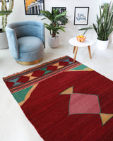 Vintage kilim rug in living room setting, bright colors, wild shaman, soft rug, bold color, Portland, Oregon, rug store, rug shop, local shop, vintage rug, modern kilim, warm colors