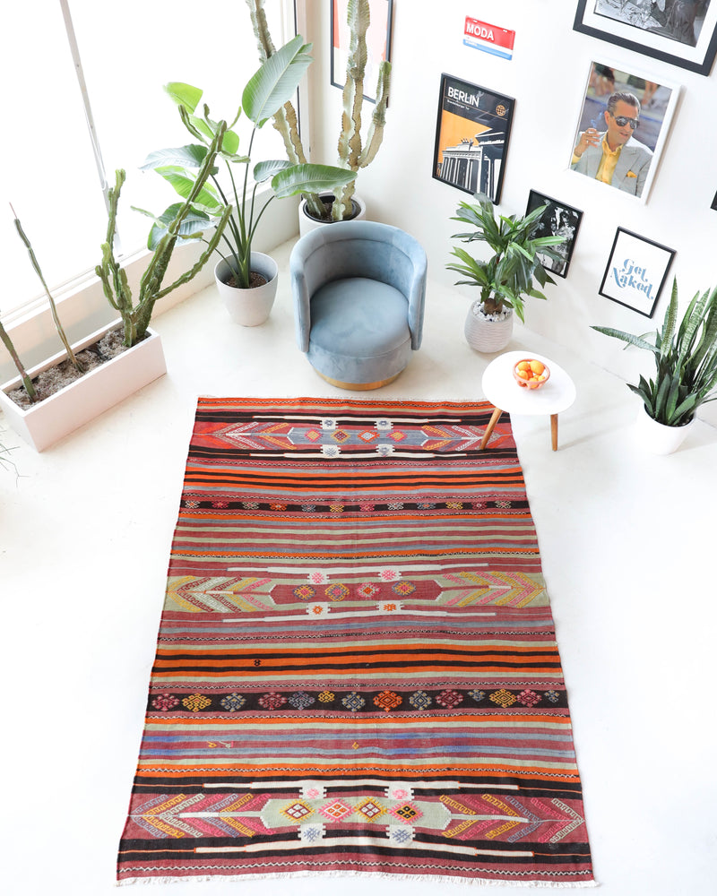 Vintage kilim rug in living room setting, bright colors, wild shaman, soft rug, bold color, Portland, Oregon, rug store, rug shop, local shop, vintage rug, modern kilim, warm colorsVintage kilim rug in living room setting, bright colors, wild shaman, soft rug, bold color, Portland, Oregon, rug store, rug shop, local shop, vintage rug, modern kilim, warm colors