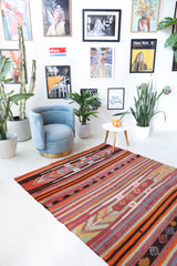 Vintage kilim rug in living room setting, bright colors, wild shaman, soft rug, bold color, Portland, Oregon, rug store, rug shop, local shop, vintage rug, modern kilim, warm colors