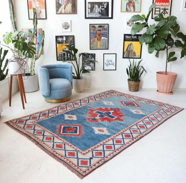 Vintage Turkish rug in living room setting, old rug, antique rug, pastel colors, faded colors, Turkish rug, vintage rug, soft rug, Portland, Oregon, rug store, rug shop, local shop