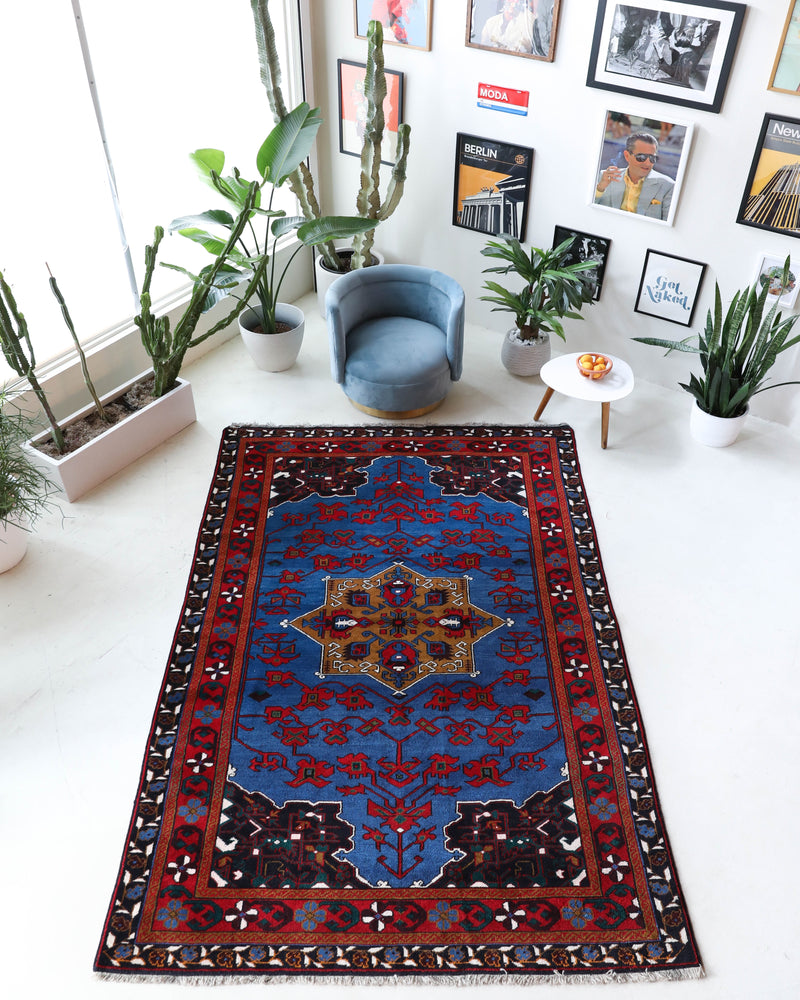 Vintage Turkish rug in a living room setting, Area rug in a living room setting, pile rug, Turkish rug, custom rug, modern rug, portland, rug shop, bright colors, wild shaman, soft rug, bold color, Portland, Oregon, rug store, rug shop, local shop