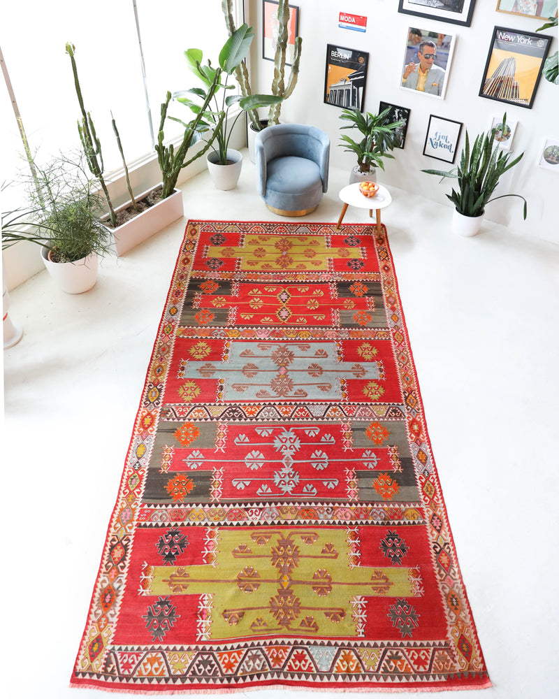 Vintage kilim rug in living room setting, bright colors, wild shaman, soft rug, bold color, Portland, Oregon, rug store, rug shop, local shop, vintage rug, modern kilim, warm colors