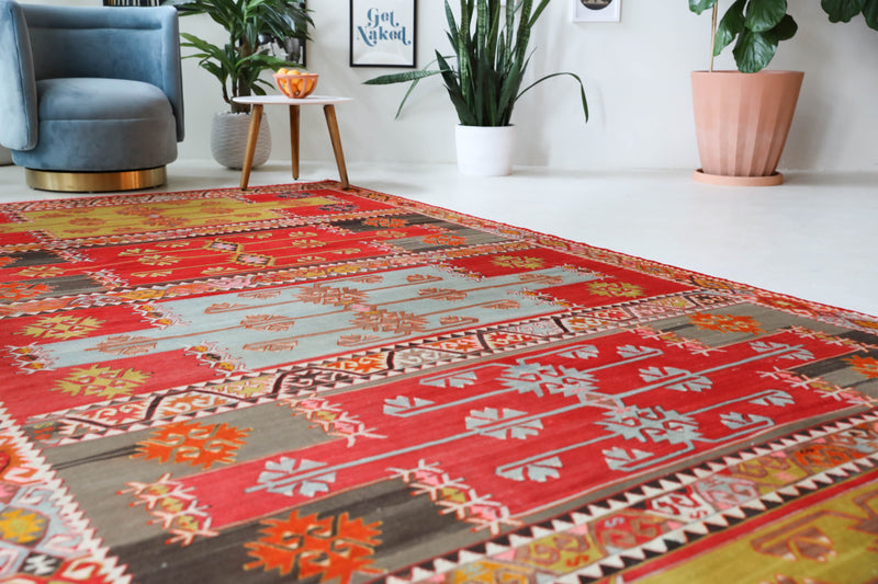 Vintage kilim rug in living room setting, bright colors, wild shaman, soft rug, bold color, Portland, Oregon, rug store, rug shop, local shop, vintage rug, modern kilim, warm colors