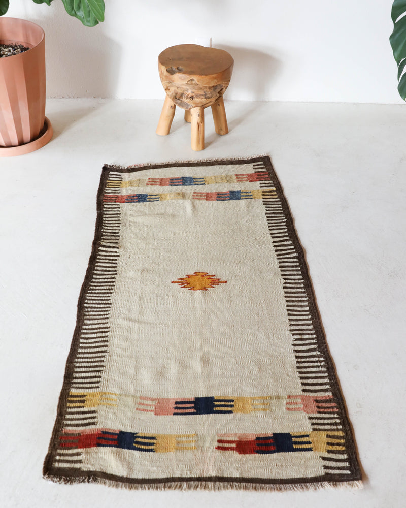  Vintage kilim rug in living room setting, old rug, antique rug, pastel colors, faded colors, Turkish rug, vintage rug, soft rug, Portland, Oregon, rug store, rug shop, local shop, earthy tones, earthy colors, warm colors