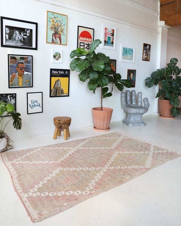 Vintage kilim rug in living room setting, old rug, antique rug, pastel colors, faded colors, Turkish rug, vintage rug, soft rug, Portland, Oregon, rug store, rug shop, local shop, earthy tones, earthy colors, warm colors