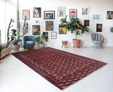  Antique Turkmen rug in a living room setting, pile rug, Turkish rug, vintage rug, portland, rug shop, bright colors, wild shaman, soft rug, bold color, Portland, Oregon, rug store, rug shop, local shop, antique rug