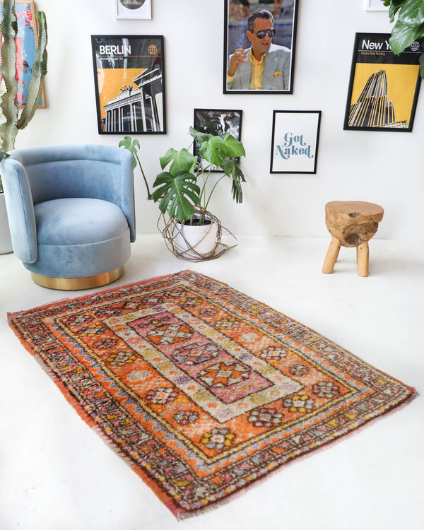 Vintage Turkish rug in a living room setting, pile rug, Turkish rug, vintage rug, portland, rug shop, bright colors, wild shaman, soft rug, bold color, Portland, Oregon, rug store, rug shop, local shop, antique rug