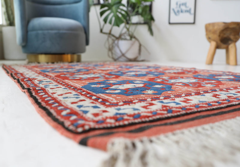 Vintage Turkish rug in a living room setting, pile rug, Turkish rug, vintage rug, portland, rug shop, bright colors, wild shaman, soft rug, bold color, Portland, Oregon, rug store, rug shop, local shop, antique rug