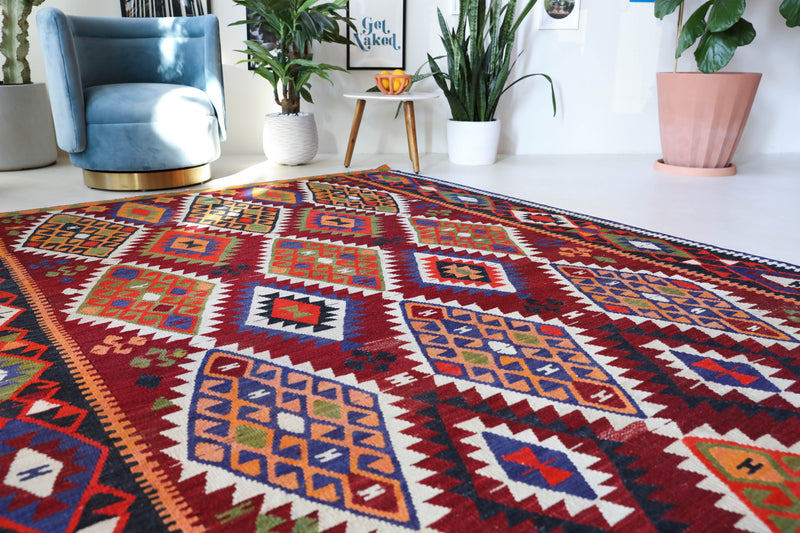 Vintage kilim rug in living room setting, bright colors, wild shaman, soft rug, bold color, Portland, Oregon, rug store, rug shop, local shop, vintage rug, modern kilim, warm colors