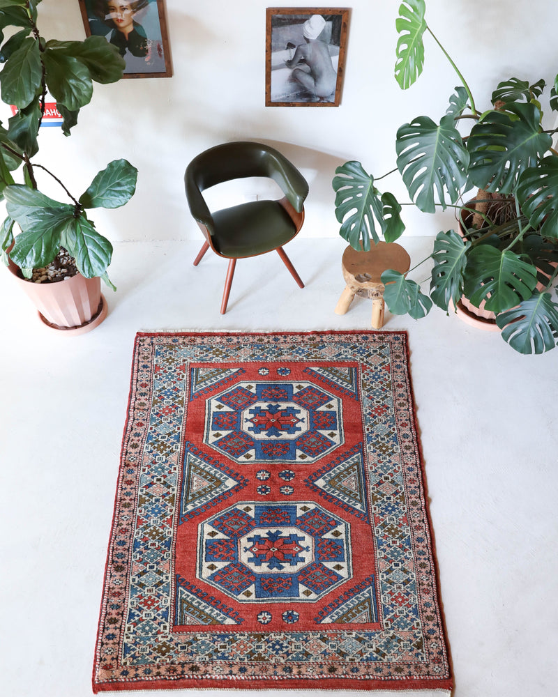 Vintage Turkish rug in living room setting, old rug, antique rug, pastel colors, faded colors, Turkish rug, vintage rug, soft rug, Portland, Oregon, rug store, rug shop, local shop