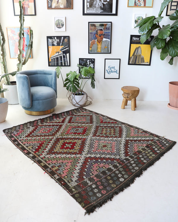 Vintage kilim rug in living room setting, bright colors, wild shaman, soft rug, bold color, Portland, Oregon, rug store, rug shop, local shop, vintage rug, modern kilim, warm colors