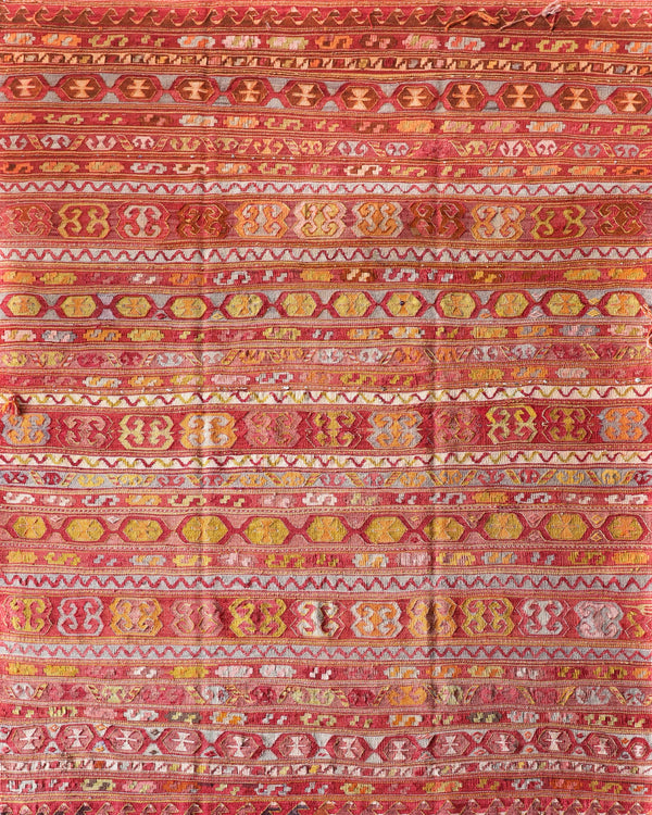  Vintage kilim rug in room decor setting, old rug, antique rug, pastel colors, faded colors, Turkish rug, vintage rug, soft rug, Portland, Oregon, rug store, rug shop, local shop, bold colors, bright colors, faded colors