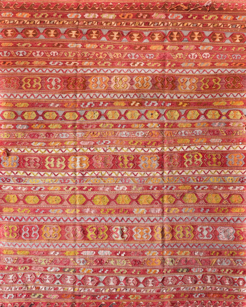  Vintage kilim rug in room decor setting, old rug, antique rug, pastel colors, faded colors, Turkish rug, vintage rug, soft rug, Portland, Oregon, rug store, rug shop, local shop, bold colors, bright colors, faded colors