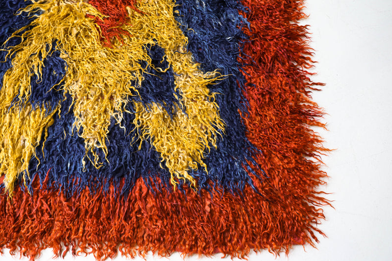  Vintage Turkish rug in a living room setting, pile rug, Turkish rug, vintage rug, portland, rug shop, bright colors, wild shaman, soft rug, bold color, Portland, Oregon, rug store, rug shop, local shop, shag rug, shaggy, plush,tulu rugs