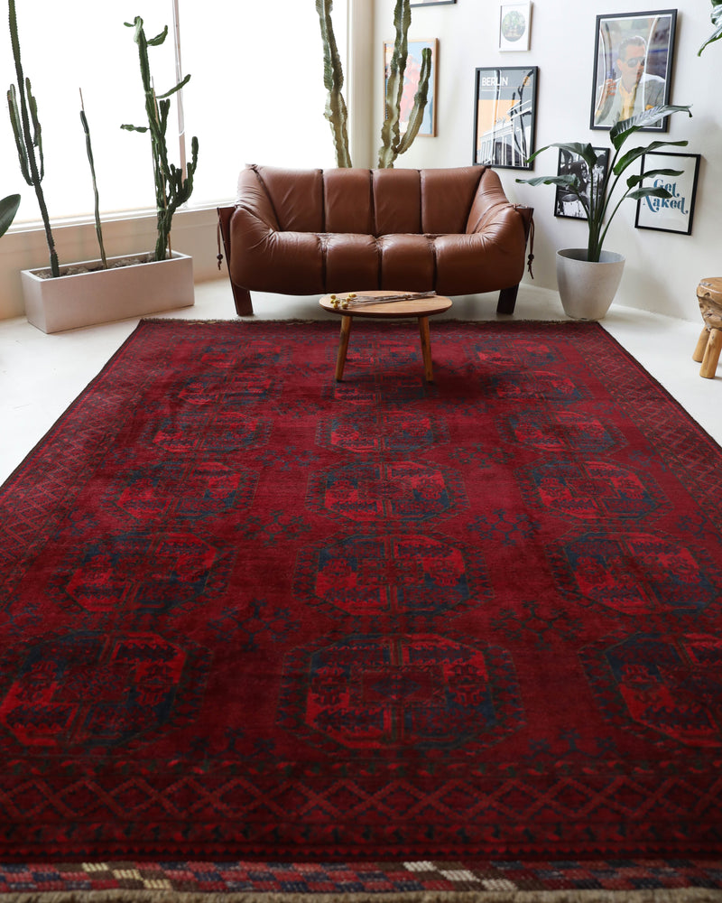 Antique Turkmen rug in a living room setting, pile rug, Turkish rug, vintage rug, portland, rug shop, bright colors, wild shaman, soft rug, bold color, Portland, Oregon, rug store, rug shop, local shop, antique rug