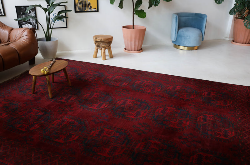 Antique Turkmen rug in a living room setting, pile rug, Turkish rug, vintage rug, portland, rug shop, bright colors, wild shaman, soft rug, bold color, Portland, Oregon, rug store, rug shop, local shop, antique rug