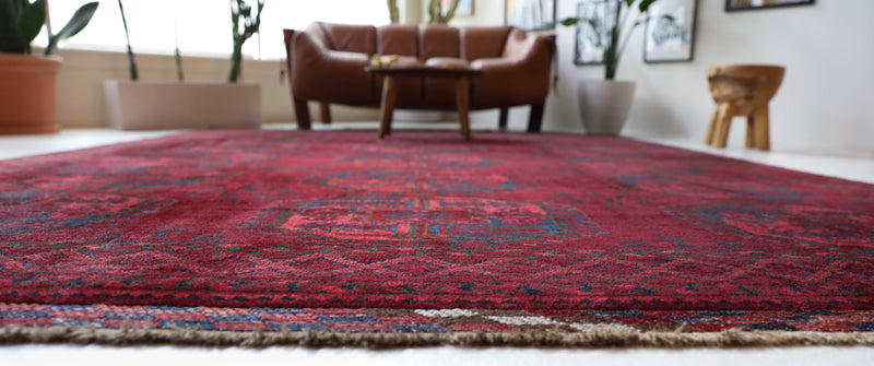 Antique Turkmen rug in a living room setting, pile rug, Turkish rug, vintage rug, portland, rug shop, bright colors, wild shaman, soft rug, bold color, Portland, Oregon, rug store, rug shop, local shop, antique rug