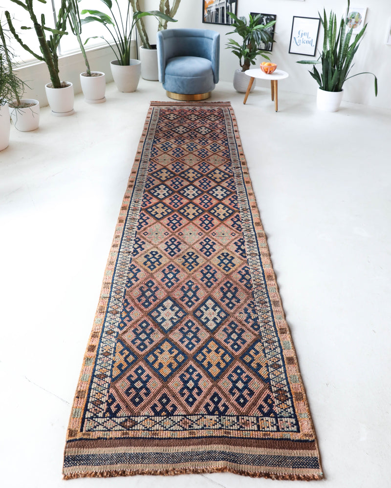 Vintage Turkish runner rug in living room setting, old rug, antique rug, pastel colors, faded colors, Turkish rug, vintage rug, soft rug, Portland, Oregon, rug store, rug shop, local shop