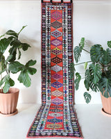  Vintage Turkish runner rug in a living room setting, pile rug, Turkish rug, vintage rug, portland, rug shop, bright colors, wild shaman, soft rug, bold color, Portland, Oregon, rug store, rug shop, local shop