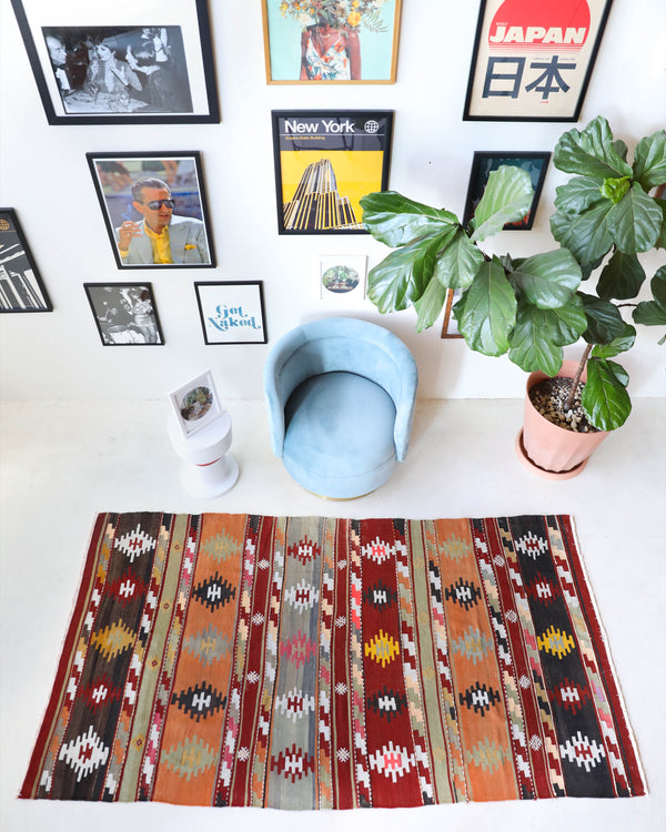 Vintage kilim rug in living room setting, old rug, antique rug, pastel colors, faded colors, Turkish rug, vintage rug, soft rug, Portland, Oregon, rug store, rug shop, local shop, earthy tones, earthy colors, warm colors