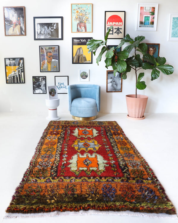 Vintage Turkish rug in a living room setting, pile rug, Turkish rug, vintage rug, portland, rug shop, bright colors, wild shaman, soft rug, bold color, Portland, Oregon, rug store, rug shop, local shop, shag rug, shaggy, plush,tulu rugs