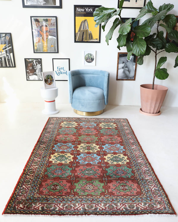 Vintage Turkish rug in a living room setting, pile rug, Turkish rug, vintage rug, portland, rug shop, bright colors, wild shaman, soft rug, bold color, Portland, Oregon, rug store, rug shop, local shop, antique rug