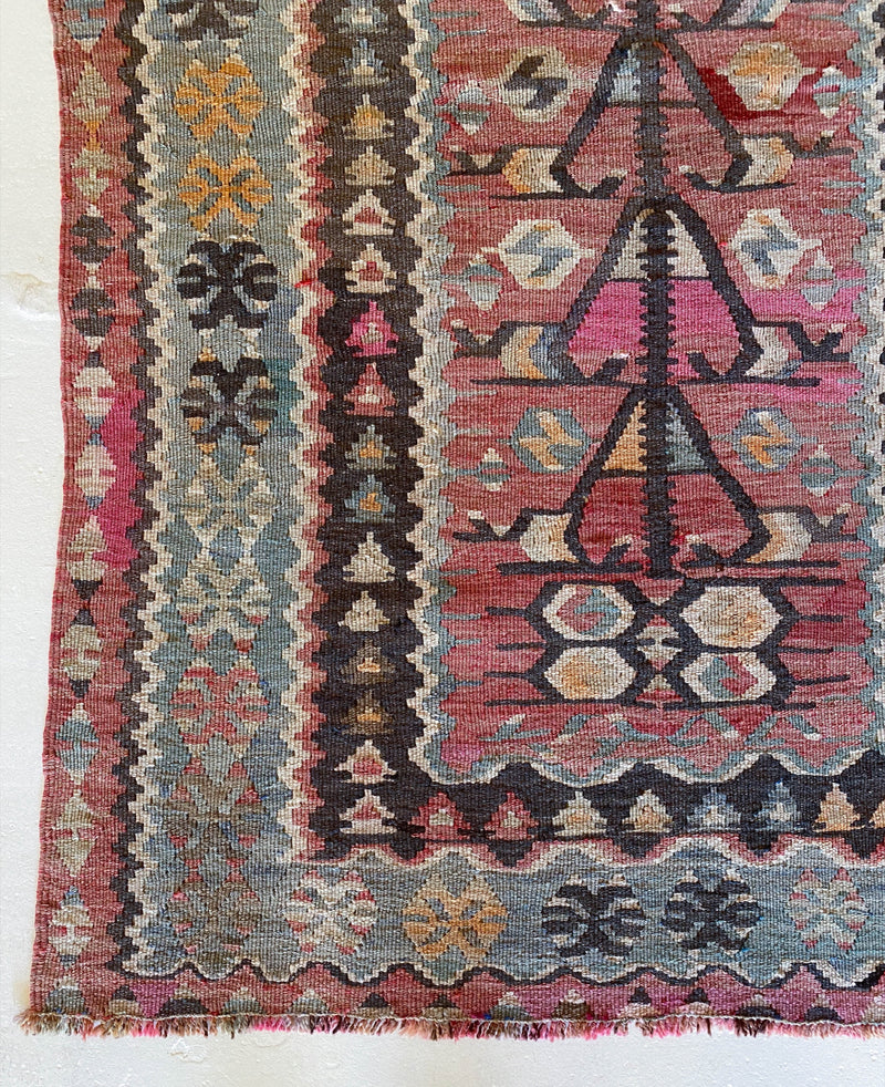 Vintage mini kilim rug in room decor setting, kilim, Turkish rug, vintage rug, portland, rug shop, bright colors, wild shaman, soft rug, bold color, Portland, Oregon, rug store, rug shop, local shop