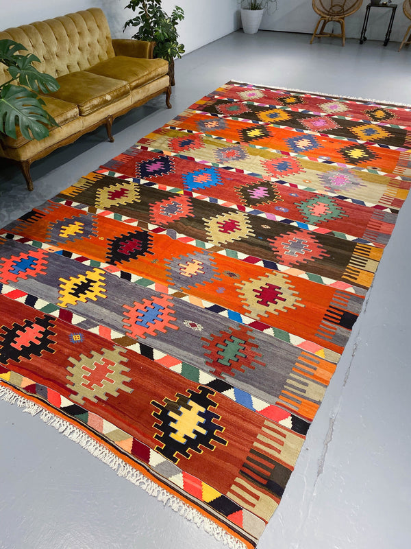 Turkish rug, vintage rug, flat weave, kilim rug, large area rug, square rug, Wild Shaman, Portland, Oregon, rug store, rug shop, local shop,  bright colors, area rug, red rug, bold color