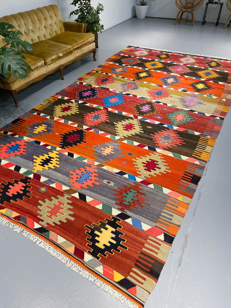 Turkish rug, vintage rug, flat weave, kilim rug, large area rug, square rug, Wild Shaman, Portland, Oregon, rug store, rug shop, local shop,  bright colors, area rug, red rug, bold color