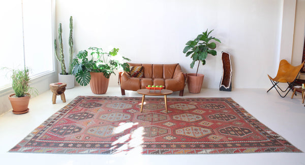 old rug, antique rug, earthy colors, faded colors, Turkish rug, vintage rug, flat weave, kilim rug, large area rug, square rug, Wild Shaman, Portland, Oregon, rug store, rug shop, local shop