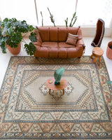 Area rug in a living room setting, pile rug, Turkish rug, old rug, antique rug, pastel colors, faded colors, Turkish rug, vintage rug, soft rug, Portland, Oregon, rug store, rug shop, local shop, pastel colors, warm colors