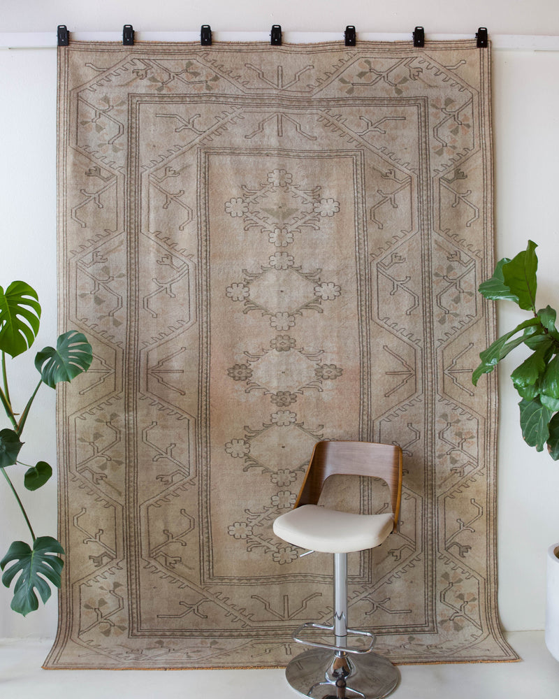 Vintage Turkish rug in living room setting, old rug, antique rug, pastel colors, faded colors, Turkish rug, vintage rug, soft rug, Portland, Oregon, rug store, rug shop, local shop