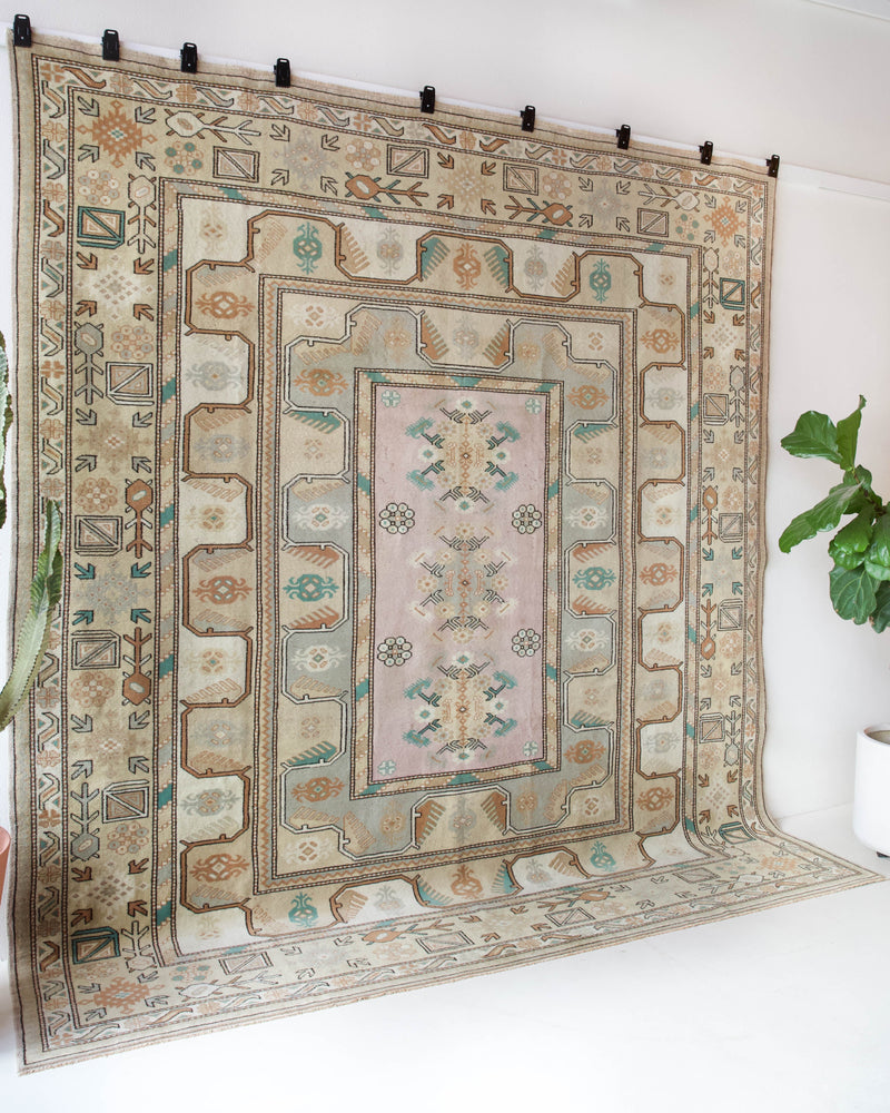 Area rug in a living room setting, pile rug, Turkish rug, old rug, antique rug, pastel colors, faded colors, Turkish rug, vintage rug, soft rug, Portland, Oregon, rug store, rug shop, local shop, pastel colors, warm colors