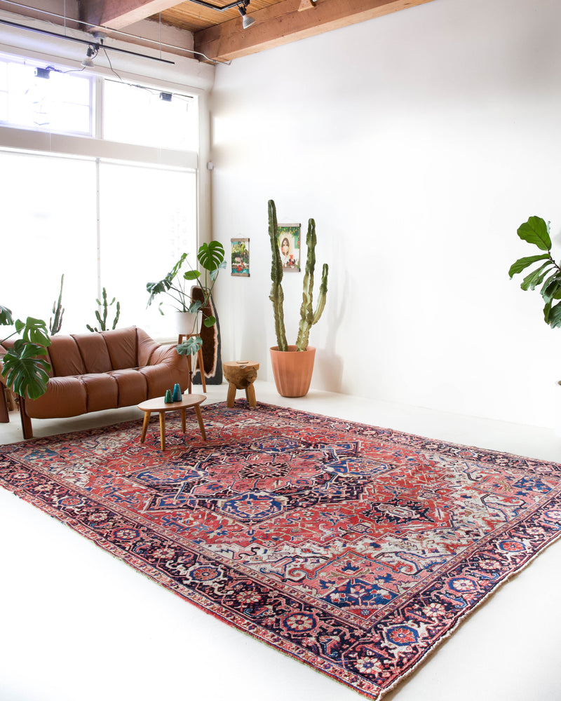 Vintage Persian rug in a living room setting, pile rug, Turkish rug, vintage rug, portland, rug shop, bright colors, wild shaman, soft rug, bold color, Portland, Oregon, rug store, rug shop, local shop, soft rug, pastel colors, faded colors, Persian rug, antique rug