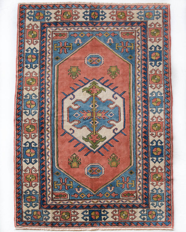 Vintage Turkish rug in a living room setting, pile rug, Turkish rug, vintage rug, portland, rug shop, bright colors, wild shaman, soft rug, bold color, Portland, Oregon, rug store, rug shop, local shop, antique rug